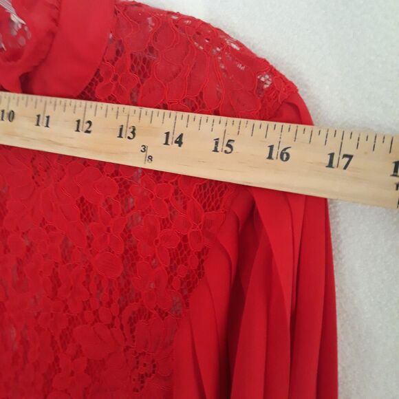 VOILA Laced Blouse Womens Large Red Long Pleated Sleeves Zip Back - Picture 10 of 16